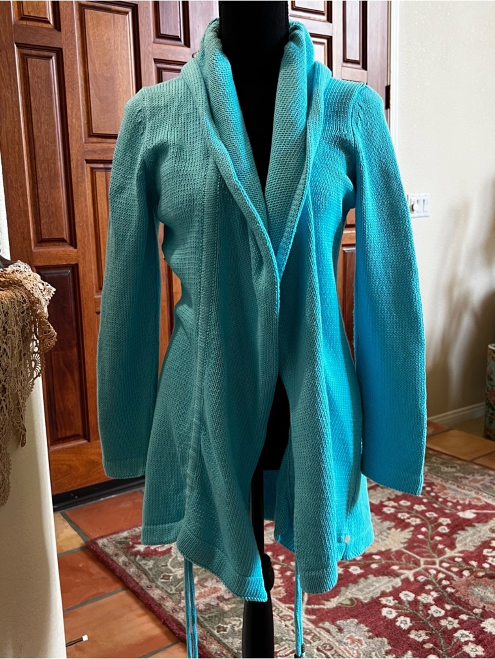Pure Handknit Women Aqua Chunky Knit Waterfall Cardigan Sweater Medium / Large